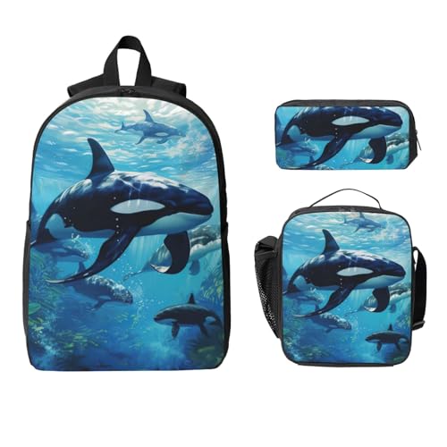 Killer Whales Swim Along print Backpack Bookbag for Daily Use,3 Pcs Backpack Set with Lunch Box and Pencil Case2