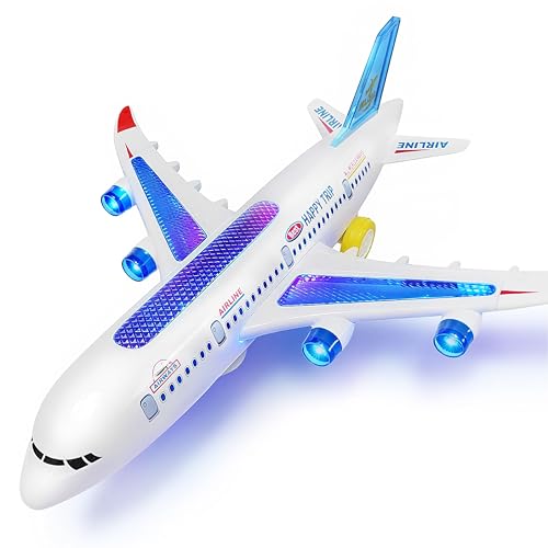 AtomDream Tech Flugzeug Spielzeug für Kinder ab 3 Jahren Elektrisches Flugzeug mit Blinkenden LED-Lichtern & Sounds Bump and Go Funktion Lernspielzeug für Jungen Mädchen Geschenk (Weiß)