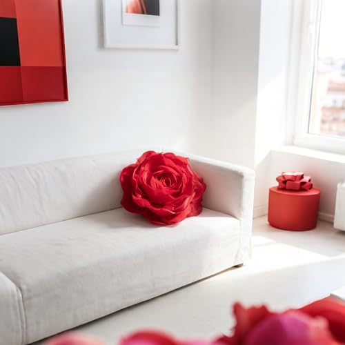 Image of JWH 3D Flower Decorative Throw Pillow Covers with Insert, Red, 14 Inch