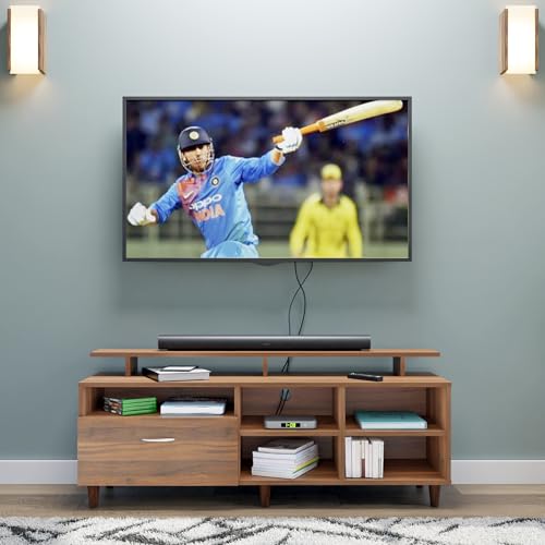 Image of VIKI Modern TV Unit for Living Room | Engineered Wood TV Cabinet with 1 Drawer Storage, 2 Open Shelves & Extension, Entertainment Unit, 140W x 48H x 40D cm | DIY | 1 Year Warranty (Walnut)