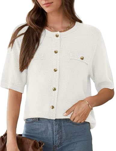Image of Women's Summer Button Down Shirts Casual Short Sleeve Crew Neck Ribbed Knit Blouse Open Front Work Cardigans