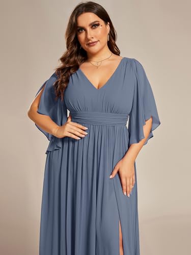 Image of Ever-Pretty Plus Women's Plus Size V Neck Half Sleeves Slit A Line Floor Length Bridesmaid Dress 01886-DA