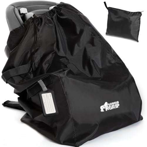 GORILLA GRIP Car Seat Travel Bag for Airplane Gate Check, Easy Carry Padded Backpack Bags Cover Carseats, Infant Baby Carriers and Toddler Booster Seats for Airport, Child Air Travels Essential, Black