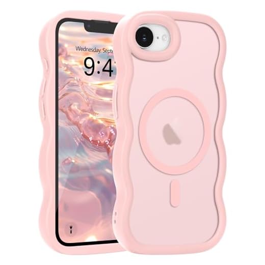 Pepmune for Phone 16e Case, Curly Wavy Frame Hard Translucent Matte Clear Back Cover for Women Men Compatible with Magsafe TPU Bumper Shockproof Drop Protection Phone Case for Phone 16e, Pink