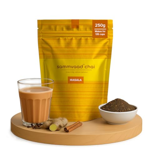 Image of Sammvaad Masala Chai - 250g | Kadak Assam CTC Tea with Ginger & Cardamom | Strong & Aromatic | Makes 135 Cups | Freshness Sealed Pack