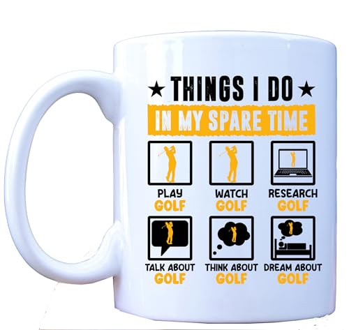 Millhouse Prints Things I Do in My Spare Time Golf Mug – Funny Coffee Mug with Yellow Icon Design for Golf Fans – Ceramic Sports Hobby Cup – 11oz