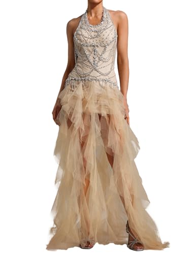 BELLA BARNETT Beige V Neck Sequin Tassel Halter Mesh Dress Rhinestone Maxi Backless Sparkle Prom Dress