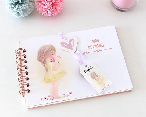 Libro de Firmas Candela, regalo de comunión, personalizable, disponible varios idiomas, páginas internas para escribir, tamaño A5