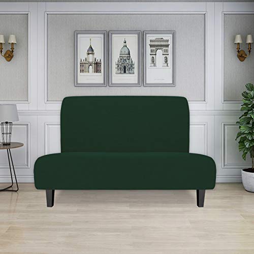 Image of Easy-Going Stretch Medium Futon Slipcover Armless Futon Cover Dark Green | Sofa Bed Furniture Protector Without Armrests with Elastic Bottom for Kids, Soft Jacquard Machine Washable