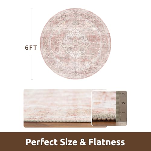 AMOAMI 6FT Round Vintage Soft Pink Rug - Non Slip Circle Machine Washable Rug for Living Room, Bedroom, Office Under Table