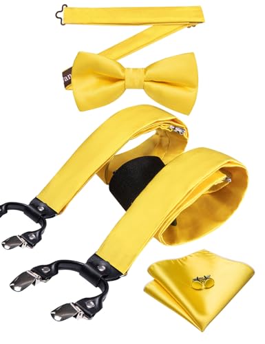 Image of YOHOWA Men Suspenders 6 Clips Strength Adjustable Y Braces Pre-Tied Bow Tie Set Formal Wedding Party
