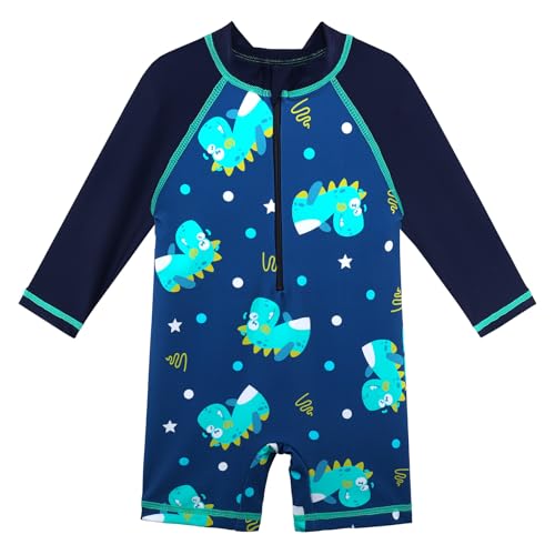 Image of HUAANIUE Toddler Boy Swimsuit Rashguard One-Piece Swimwear 0-6 Years | UPF 50+ sun protection, front zipper with chin guard, 4-way stretch quick-dry fabric, flatlock seams anti-chafing