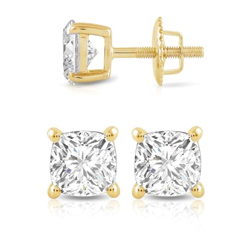 Everyday Elegance Solid 14K White Yellow Rose Gold Cubic Zirconia Solitaire Stud Earrings Women in Heart Cushion Oval Pear Princess Emerald Round Cut | Screw Back Posts 0.50 to 4.0 CTW |With Gift Box