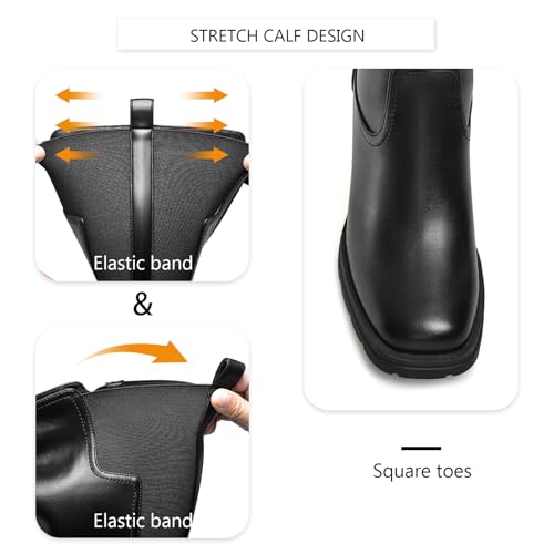 Knee High Boots Women, Stretch Calf Platform Lug Sole Long Boots, Square Toe Chunky Heel Tall Boots with side Zipper2