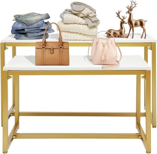 2-Piece Set Gold Modern Nesting Tables, Metal Display Riser Shelf for Shoes, Handbags, Home, Clothing Shops, Retail Stores - 110lbs Load Capacity