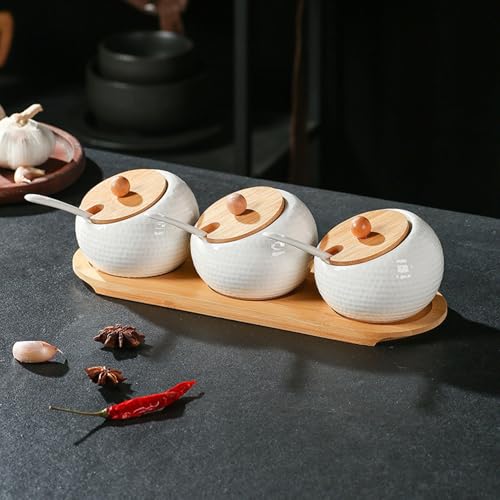 Image of Ceramic Condiment Pots, Set of 3 Condiment Spice Jar Container with Bamboo Lids and Spoon, Seasoning Spice Jar Pots for Kitchen, Coffee Bar, White