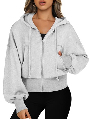 ANRABESS Womens Zip Up Hoodies Cropped Sweatshirts Casual Comfy Cute Zip Jackets Fashion Trendy Fall Outfits 2025 Y2K Clothes Grey Medium