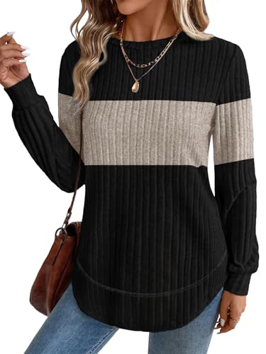 OFEEFAN Sweaters for Women Trendy 2025 Womens Tops Long Sleeve Shirts Plus Size Women's Clothing Fall Outfits Fashion Clothing School Outfits for Teachers 2Xl Black Beige