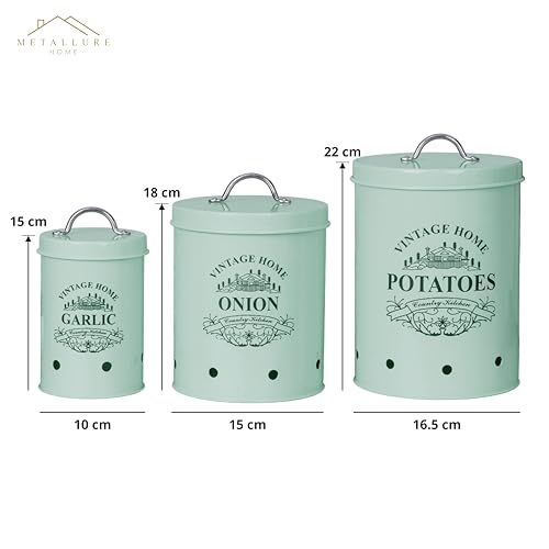 Image of Metallure Home Round Classic Kitchen Storage Containers | Set of 3 Metal Jars With Lid | Potato, Onion & Garlic (Food Safe) (Light Green)