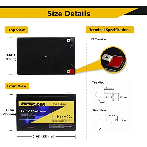 SEFEPODER 2 Pack 12V 15Ah LiFePO4 Deep Cycle Battery, 2000+ Cycles Rechargeable Battery for Scooter, Lighting, Power Wheels, Fish Finder and More with Built-in 16A BMS - Image 3