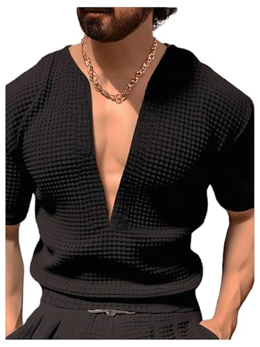 GORGLITTER Men's Deep V Neck Waffle Knit Shirt Casual Short Sleeve Solid Tee Shirts