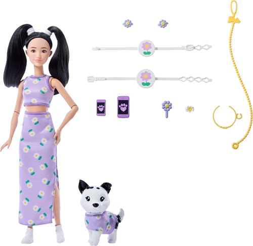 Barbie Twinning Looks Muñeca con Perro Mascota con Ropa Morada de Margaritas a Juego y Accesorios como Flores y riñoneras, Pelo Negro, JFP39