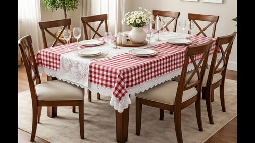 Image of Amazon Brand - Umi Cotton Tablecloth for 6-8 Seater Dining Table, Red and White Gingham Check Rectangular Table Cover with Lace Trim 4 Corners, Classic Picnic Farmhouse Style Washable Table Linen