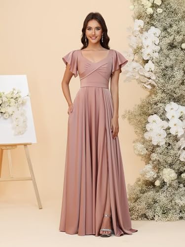 RSOETOO Short Sleeves Bridesmaid Dresses for Women 2025 Chiffon Long V Neck Formal Party Dress with Slit RO3593