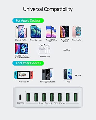 Multi USB Charger 60W Max Phone Charging Station, USB Multi Charger support USB C PD Fast Charger, 8 Port USB Charger Adapter Compatible with iPhone 13 12 11 Pro Max,iPad,Samsung,etc