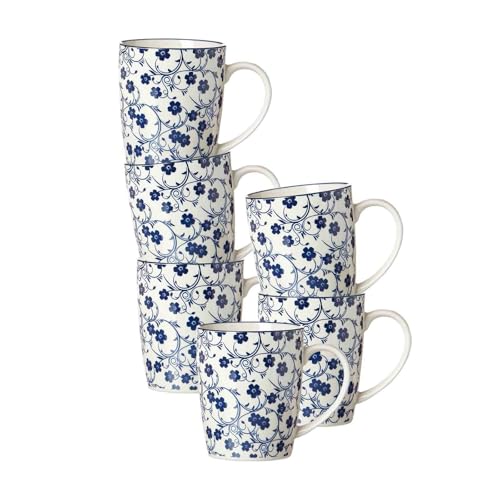 Ritzenhoff & Breker Henkelbecher-Set Royal Sakura 6-teilig, 350 ml, Kaffeebecher mit Henkel aus Porzellan, Orientalisches Dekor, Spülmaschinenfest & Mikrowellengeeignet, Blau-Weiß