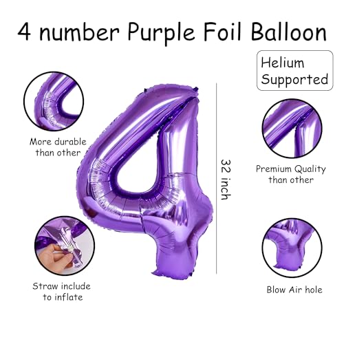 Image of Purple 4 Number Foil Balloon with Crown & Base Balloons | 32 Inch Helium Supported for Birthday, Anniversary, Baby Shower Decoration - Pack of 14