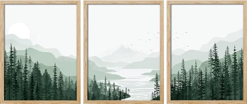 Image of SIGNWIN Frame Sage Green Mountain Range Pine Tree Forest Wall Art, Set of 3 Nature Wilderness Illustrations Wall Decor Prints Minimalist Wall Décor for Living Room, Bedroom - 12"x16" Natural