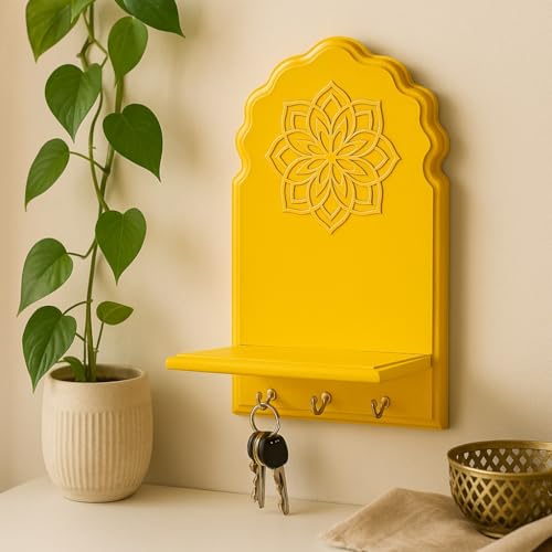 Image of Globally Indian Engineered Wood Keys Holder for Wall with Shelf | Mandala Design Key Stand Organizer for Home Entrance | Decorative Key Hanger for Wall, Entryway, Living Room | Floating Shelf (Yellow)