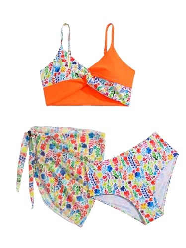 Image of Milumia Girl's 3 Piece Bikini Set Floral Print Swimwear Bathing Suit with Coverups
