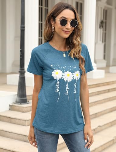 EADINVE Women Crewneck Daisy Print Short Sleeve T-Shirts Summer Faith-Hope-Love Tees Loose Fit Graphic Tops 20254