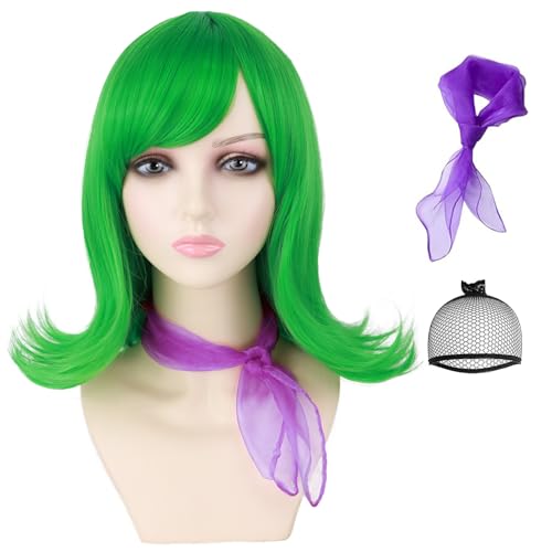 YTbeauty Green Costume Wig with Purple Scarf Short Curly Bob Anime Fuuny Wig for Women Cosplay Halloween Party