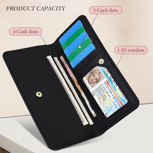Long Wallet Purse, Unisex Slim Long Wallet Thin PU Leather Wallet Bifold Credit Card Clutch with Snap Closure Coin Pocket for Woman Men (Black)3