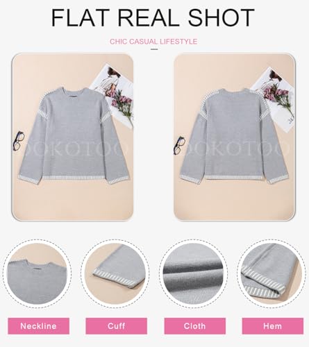 Image of Dokotoo Sweaters for Women Fashion Solid Crewneck Loose Fit Long Sleeve Contrast Cable Knit Pullover Sweater Jumper Tops