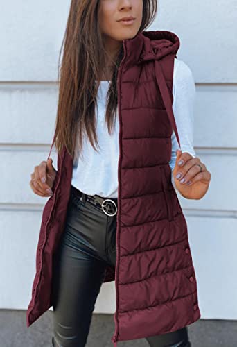 Veatzaer Women Long Vest Solid Color Sleeveless Hood Winter Puffer Vest Outwear #TOP1
