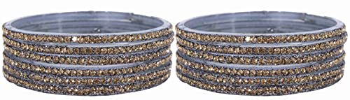 Image of NMII Glass with Zircon Gemstone and Beads Studdded Glossy Finished Traditional Bangle Set For Women and Girls