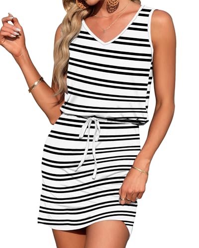 Image of AUSELILY Womens Summer Sleeveless V-Neck Drawstring Waist Beach Cover up Mini Short Swing Dresses with Pockets