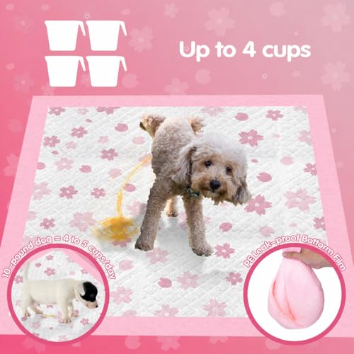 Image of Cibaabo Pink Puppy Pads with Adhesive Tabs 22x22in 50 Count Absorbent | Cute Cherry Blossom Design | Dog Potty Training Pee Pads | Leak-Proof | Quiky-Dry | for Puppies, Small Dogs, Cats, Rabbits