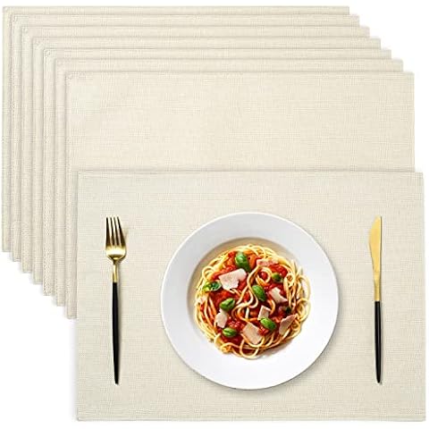 Punkspace Cloth Placemats, Linen Placemat Set of 8, Washable Heat Resistant Outdoor Indoor Table Mats, 13" x 19", Beige Cover