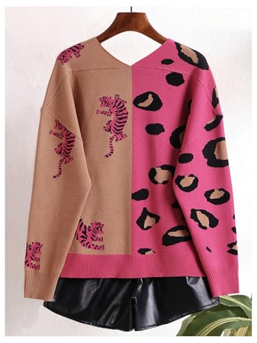 Image of WDIRARA Women's Leopard Tiger Print Cardigan V Neck Long Sleeve Color Block Button Down Sweater Outwear