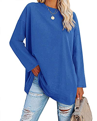 Ebifin Oversize Langarmshirt Damen Longshirt Rundhalsausschnitt Oberteil Langarm T Shirts Pullover Basic Tunika Tee Tops.Blau.XXL