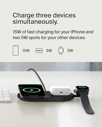 Image of Belkin 3-in-1 MagSafe-Compatible Wireless Charging Pad with Qi2 15W - iPhone Charger - Fast Charging Wireless Charging Station for iPhone 16, 15, & 14 Series, AirPods, Apple Watch, & More - Black