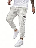 JEMLDL Cargo Pants for Men Slim Fit Elastic Waist Drawstring Joggers with Zipper Pockets Cotton Pants for Men White,36,L