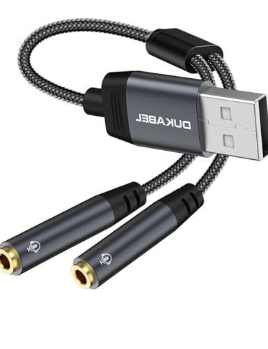 DUKABEL USB Audio Splitter, USB to 3.5mm Audio Jack Adapter with Dual TRRS 4 Pole Jacks, USB Aux Stereo Splitter for PC, Laptop, Mac, Desktops, Linux, PS4, PS5 and More(Grey)