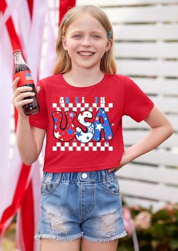 Image of BesserBay Kids Girls 4th of July Crop Tops American Flag Red White Blue Patriotic Bows USA Flag T-Shirts 6-14 Years