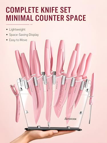Image of Astercook Knife Set with Clear Block and Sharpener 22Pcs Pink | Dishwasher Safe, Space-Saving Clear Knife Block, for Everyday Home Cooking
